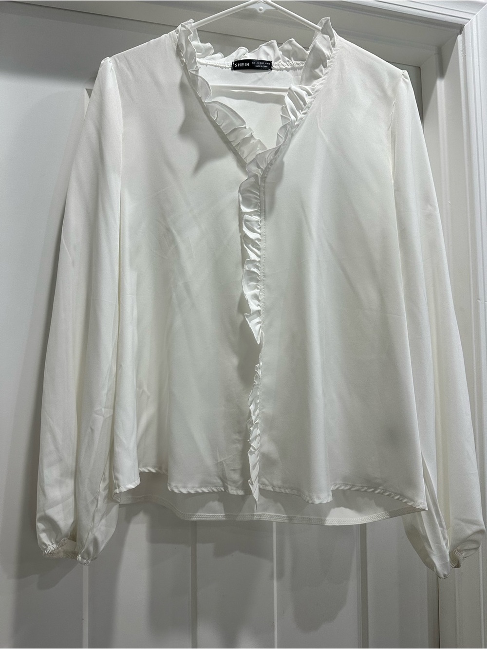 SHEIN White Ruffle V-Neck Long Sleeve Blouse